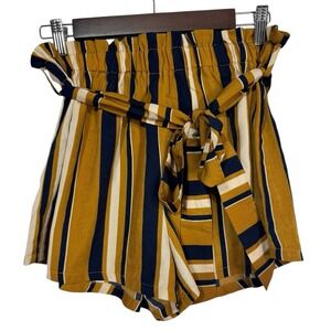 Shein Mustard Navy Striped Tie Waist‎ Paperbag Shorts Women's Size Large